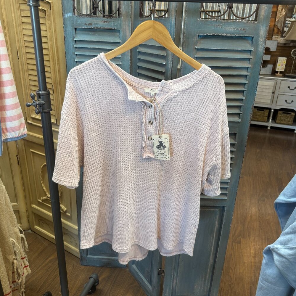 Easel Thermal Knit V Rose Mineral Washed Top